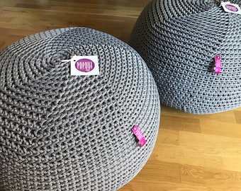 Grey Crochet Pouf Ottoman footstool, knit scandinavian pouf unique gifts