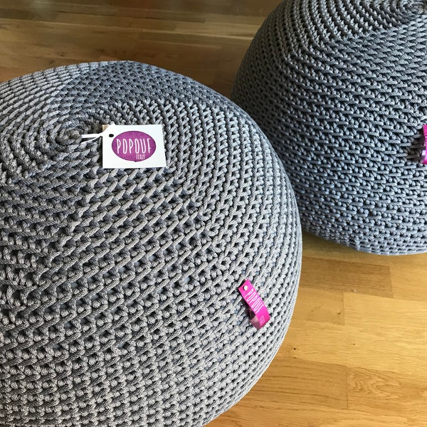 Grey Crochet Pouf Ottoman footstool, knit scandinavian pouf unique gifts