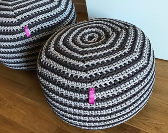 Striped Grey Crochet Pouf Ottoman footstool, knit scandinavian pouf unique gifts