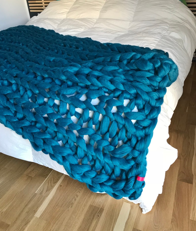 Chunky knit teal blanket vegan hypoallergenic yarn unique Etsy