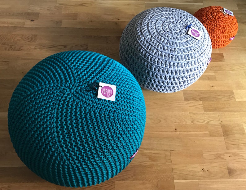 Outdoor knit pouf, Round pouf ottoman, Teal pouf, Made in Italy, Kids Ottoman, Footstool, Floor pillow, Bean bag chairs, handmade cover image 2