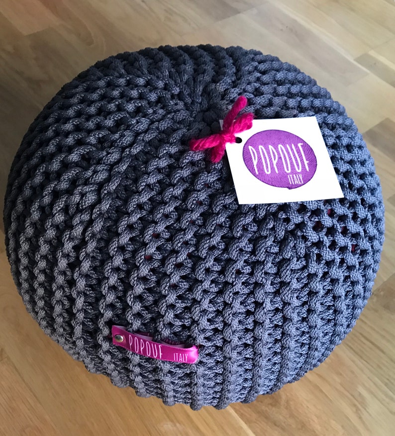 Dark grey knit pouf, outdoor ottoman, scandinavian footstool handmade in Italy unique gifts image 1