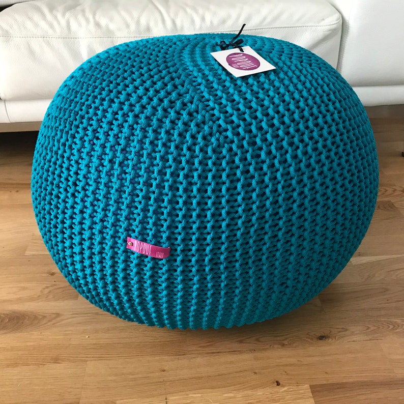 Outdoor knit pouf, Round pouf ottoman, Teal pouf, Made in Italy, Kids Ottoman, Footstool, Floor pillow, Bean bag chairs, handmade cover image 1