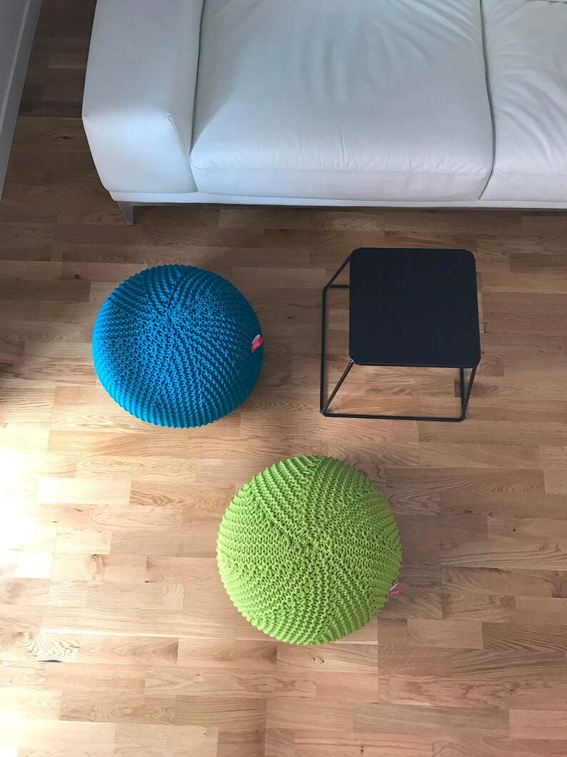 Outdoor knit pouf, Round pouf ottoman, Teal pouf, Made in Italy, Kids Ottoman, Footstool, Floor pillow, Bean bag chairs, handmade cover image 4