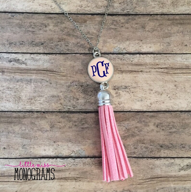 Silvertone Pink Tassel Monogrammed Necklace