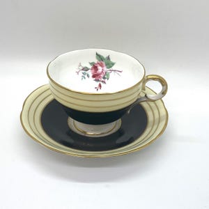 Vintage Adderley England Footed Lawley Black Floral Bone China Tea Cup & Saucer 1920-1960