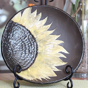 Handmade ceramic birdbath/feeder basin with Hand-carved sunflower motif
