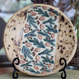 Handmade Ceramic Birdbath/feeder with pinecone and leaf and berry design