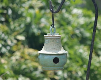 Wheel-thrown handmade ceramic pagoda style birdhouse