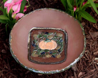 Handmade, hand-glazed embossed chocolate brown stoneware clay birdbath/feeder