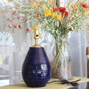Handmade ceramic wheel-thrown table lamp base in deep sapphire blue