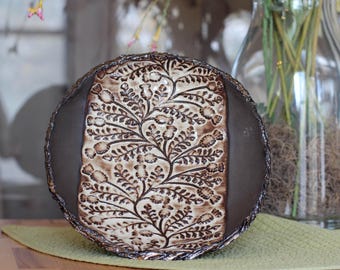 Handmade gold toned rim Stoneware Birdbath/Feeder, Clover Embossed Design