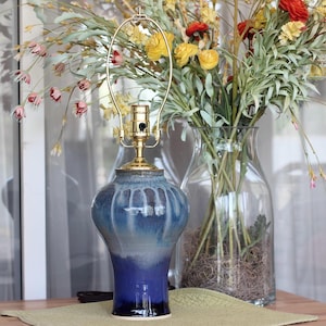 Handmade, wheel-thrown blue ceramic table lamp base