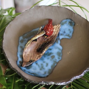 Handmade ceramic/pottery birdbath with sculpted and molded cardinal woodland feature