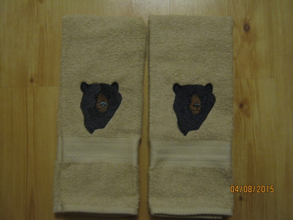 New 2 BLACK BEAR HEAD Tan Hand Towels, Lodge Cabin Towels, Northwoods 