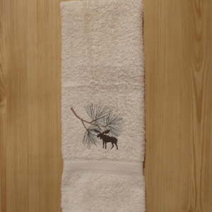 Pine Branch with Moose Tan Hand Towels. Lodge Cabin Northwoods