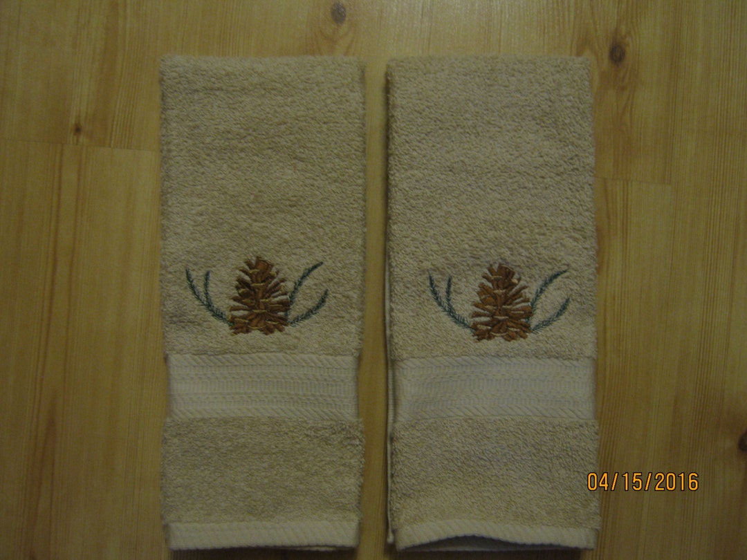 NEW 2 Pine Cone & Sprig Hand Towels. Lodge Cabin Decor, Tan Etsy