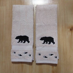 New 2 Silhouette Black Bear with Tracks Light Tan/ Beige  Hand Towels, Lodge Cabin Decor, Northwoods