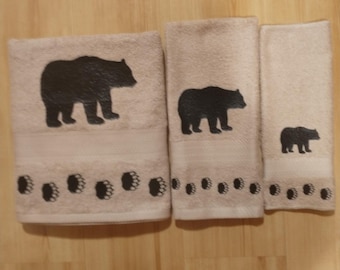 Bear with Tracks  3 Piece Towel Set, Tan Color Cabin Decor Lodge
