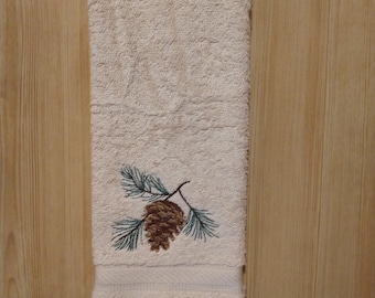 Pine Cone Embroidered Hand Towel. Lodge Cabin Decor, up north