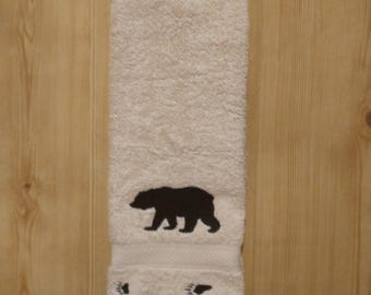 Embroidered Black Bear & Tracks Hand Towel, Lodge Cabin Decor Set