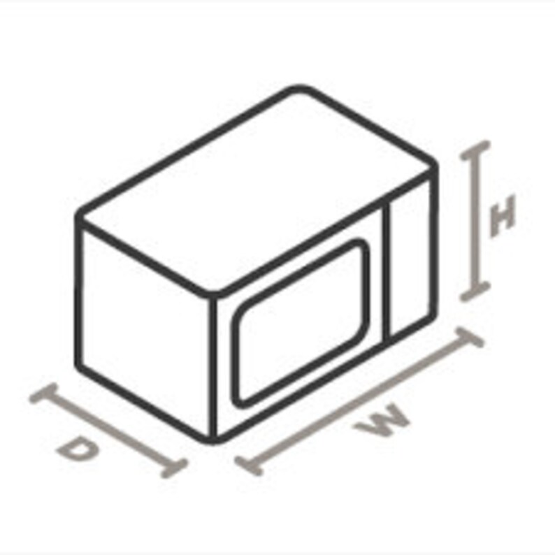 May include: Line drawing of a microwave oven, with dimensions labeled: depth (D), width (W), and height (H). The microwave has a rectangular shape with a door and control panel.