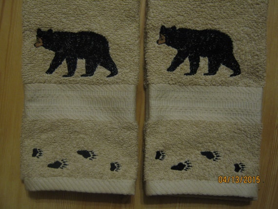 New 2 Black Bear with Tracks Tan Hand Towels, Lodge Cabin Decor, Northwoods