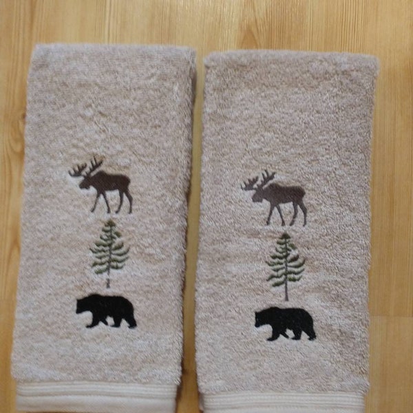 New 2 Moose Pine Tree, Bear Stack Hand Towels, Lodge Cabin Northwoods Decor