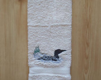 LOON Light Beige/Tan Embroidered Hand Towel, Lodge Cabin Decor, Northwoods