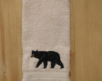 Embroidered Black Bear Hand Towel, Lodge Cabin Decor