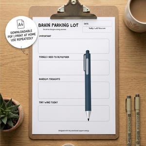 May include: A clipboard with a "Brain Parking Lot" printable sheet, designed for organizing thoughts. Includes a pen, two Micron pens, a succulent, a coffee cup, and tape on a wooden surface. The sheet has sections for notes.