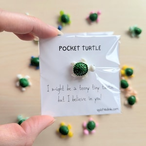 Mini carte « Tortue de poche » avec figurine de petite tortue – Voeux motivants de 2,6 pouces sur du papier cartonné 15 PT – Couleurs aléatoires – Joli cadeau d'amitié