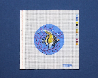 Hand-Painted Fish Needlepoint Ornament, Fish Needlework, Brightly Colored Fish Needlepoint Design, Beach Needlework Ornament, Stitch-Painted
