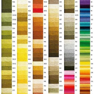 May include: A color chart of DMC embroidery floss with a variety of colors, including green, yellow, orange, brown, gray, blue, purple, and red. The chart is organized by color family and includes the DMC floss number for each color.