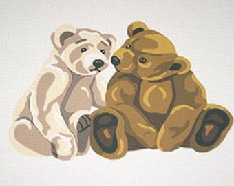 May include: Illustration of two teddy bears, one cream-colored and the other brown, sitting close together. The bears have black eyes and are positioned against a white background. The image has a soft, painted appearance.