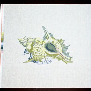 May include: A detailed painting of a seashell with a light green, yellow, and blue color scheme. The shell is depicted in a realistic style with intricate details.