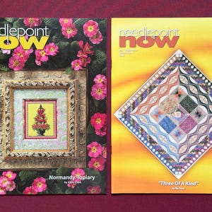 May include: Two issues of "Needlepoint Now" magazine. The left cover features a framed needlepoint floral design surrounded by pink flowers and green foliage. The right cover displays a geometric needlepoint pattern on a yellow background.