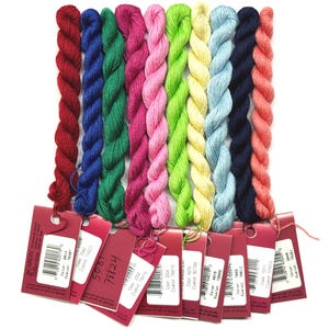 May include: A collection of Caron Collection embroidery floss in various colors, including red, blue, green, pink, yellow, and coral. Each skein is labeled with a color code and dye lot number. The floss is tightly twisted and ready for use in needlework projects.