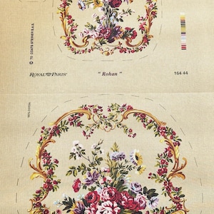 May include: Two fabric panels with floral designs. Each panel features a central bouquet of red, pink, yellow, and purple flowers within a gold-colored ornate frame. The text "Rohan" and "Royal Paris" are visible.