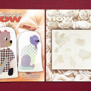 May include: Two issues of "Needlepoint Now" magazine are displayed on a red surface. One cover features a dog and cat design, the other a floral pattern. The magazine's title is in red block letters.