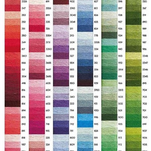 May include: A color chart of DMC embroidery floss with over 100 different shades of thread. The colors are arranged in columns, with each column representing a different color family. The colors range from bright reds and pinks to deep blues and greens.