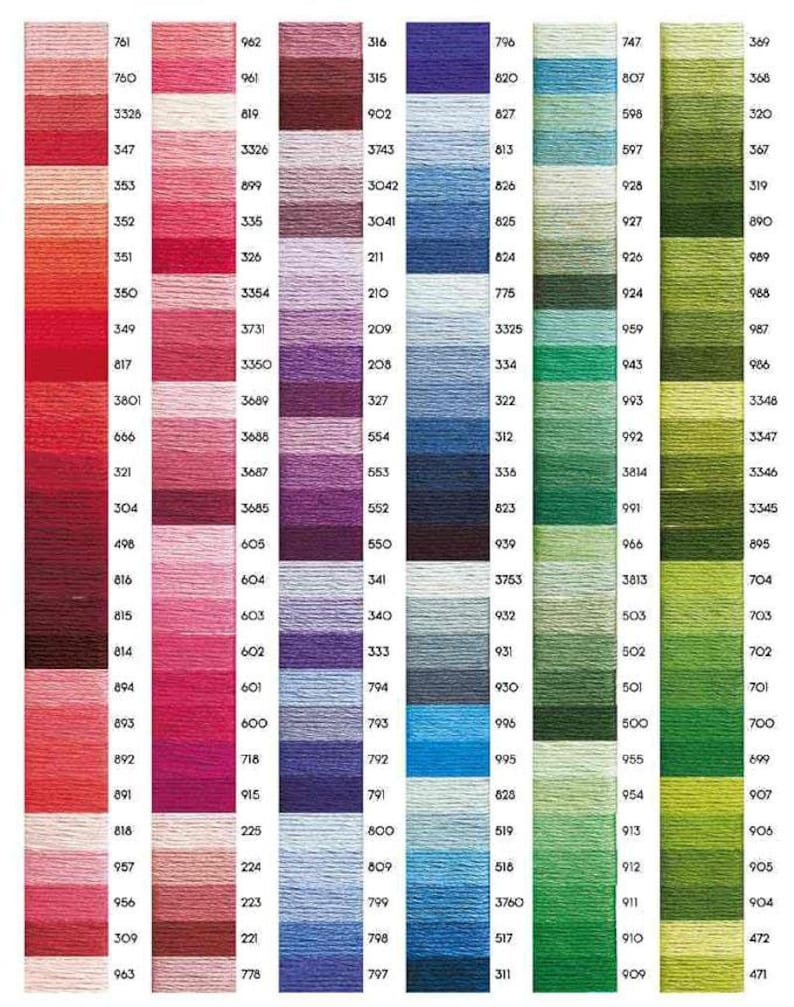 May include: A color chart of DMC embroidery floss with over 100 different shades of thread. The colors are arranged in columns, with each column representing a different color family. The colors range from bright reds and pinks to deep blues and greens.
