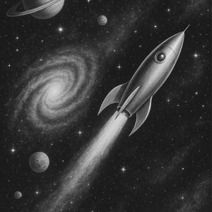 Pode incluir: Ilustração a preto e branco de um foguete retro no espaço, com planetas, uma galáxia espiral e um fundo estrelado. A obra evoca a estética retro da ficção científica.