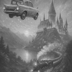 May include: Black and white illustration of a fantasy scene featuring a vintage car hovering above a castle on a hill. A train travels along tracks below, with a lake and mountains in the background.