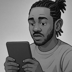 May include: Black and white illustration of a person with dreadlocks looking at a tablet. The person is wearing a light-colored crew neck sweater. The image is a grayscale drawing.
