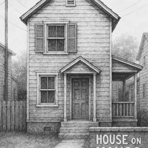 Puede incluir: Dibujo a lápiz detallado de una casa de dos pisos con porche y contraventanas. El texto "HOUSE ON MANGO STREET" está en una pared de ladrillo frente a la casa. La casa está rodeada por una valla y otras casas.