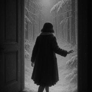 May include: Black and white image of a person walking through an open doorway into a snowy forest. The person is wearing a dark coat and dress. Snow covers the ground and the trees in the background.