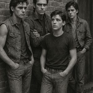 May include: Black and white photograph of four young men in denim jackets and jeans, leaning against a brick wall. One man wears a sleeveless denim vest. The men have their hands in their pockets and appear to be looking off into the distance.