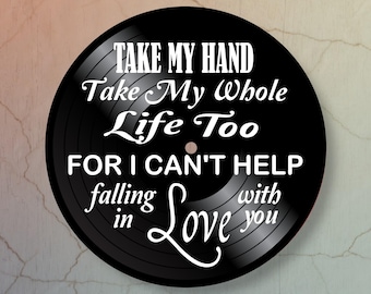 Elvis Song Lyric Art, I Can't Help Falling in Love, Framed or Unframed Vinyl Record Art, Anniversary Gift, Music Wall Art