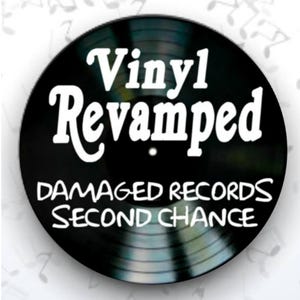 May include: A black vinyl record with the words "Vinyl Revamped" in white script. Below, the text reads "Damaged Records Second Chance". The image has a vintage aesthetic, suggesting a focus on record restoration or repurposing.